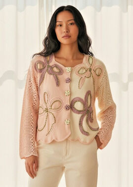 Lisa Nichols Sz S Knit Cardigan Embellished with Crocheted Bows Romantic Pink
